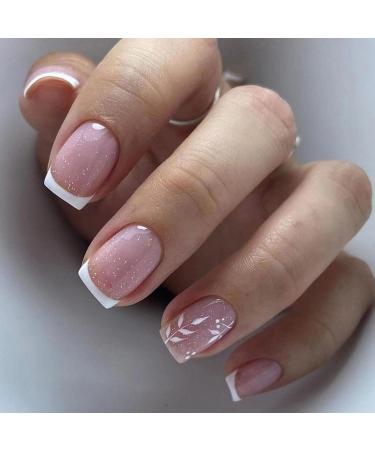 French False Nails Short 24Pcs Glitter French Fake Nails White Tips Square Press on Nails with Leaf Pattern French Nail Tips with Nail Glue Square Stick on Nails for Women Girls Nails Art Glitter French Leaf