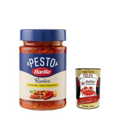 Italian Gourmet E.R. Barilla Pesto Rustico Mediterraneo 12-pack of gluten-free Italian pasta sauces with zucchini peppers and tomatoes vegan/vegetarian pesto for bread and bruschetta 200g + gourmet Italian polpa
