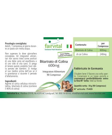 Fairvital | Bitartrate de choline 600 mg - 90 comprim s - M tabolisme h patique et lipidique* - 40% de choline - Qualit contr l e et dosage lev - 100% v gan - Fabriqu en Allemagne - Buy Online on GoSupps.com