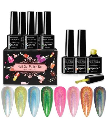 8pcs Giltter Gel Nail Polish Set Holographic for Manicure Semi Permanent Soak Off UV Laser Shining Gel Varnish Nail Art - (Color: LS-8PCS)