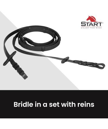 Start Diamond Bridle with Reins - Premium English Leather Horse Bridle for Ponies & Thoroughbreds - 19mm Belt Wings Full Black - Buy Online on GoSupps.com