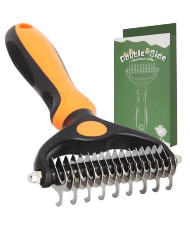 SLFEHHA Pet Grooming Brush - 2 Sided Shedding and Dematting Undercoat Rake Comb for Dogs & Cats, Gently Removes Loose Undercoat, Mats & Tangled Hair, Yellow and black