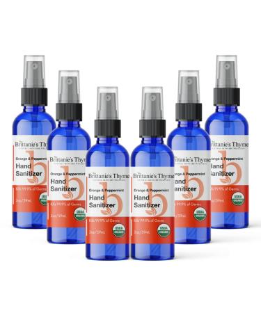 Brittanie's Thyme Certified Organic Travel Hand Sanitizer Spray 2 oz 6 Count | Vitamin E Aloe Moisturizing | Non Greasy & Replenishes Moisture & Nourishes Skin (Orange)