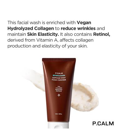 P.CALM Retinolagen Ampoule Shot Foam Cleanser 120ml | Vegan Facial Wash with Retinol & Collagen | PHA & Bakuchiol for Sensitive Skin | Korean Skincare - Buy Online on GoSupps.com