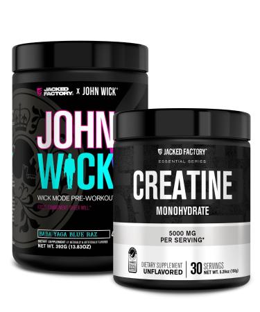 Jacked Factory X John Wick - Wick Mode Pre Workout Powder (Baba Yaga Blue Raz 40 Servings) & Creatine Monohydrate Powder (Unflavored 30 Servings)