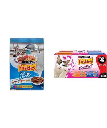 Friskies Chef's Blend Dry Cat Food (7.5 kg Bag) + Friskies Purina Shredded Super Pack Cans (156 g Pack of 32) Cat Food + Super Pack Cat Food