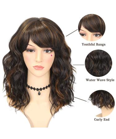 WIGNEE Natural Wave Ombre Brown Curly Bob Wig with Bangs - 14 Inch Shoulder Length Synthetic Wig for Black Women with Mixed Brown Highlights - Buy Online on GoSupps.com
