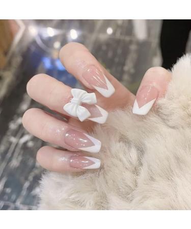 Sethexy French long false fingernails white false nails loop nails to stick 24 pieces of street acrylic press the nail tips for women and girls (ballerina)