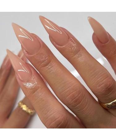 VOTACOS Press on Nails Long Stiletto Fake Nails Nude False Nails with Pure Transparent Glossy Stick on Nails for Women 415