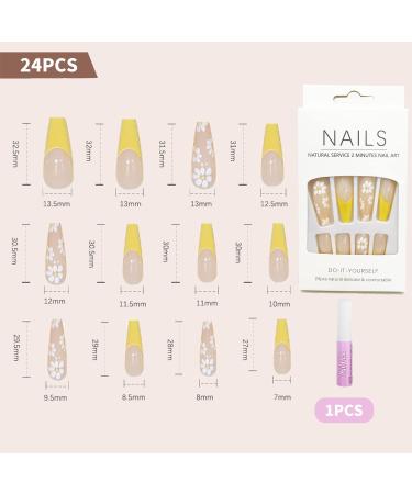 Luvadeyo 24 PCs Yellow White Flower Press-On Nails | Long Summer Ballerina Fake Nails with Glue for Women - Buy Online on GoSupps.com