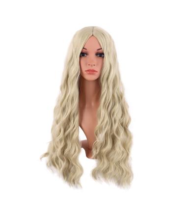 MapofBeauty 28 Inch/70 cm Long Wavy Middle Part with No Bangs Synthetic Fiber Curly Fashion Women Party Cosplay Wig (Blonde)