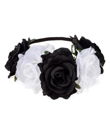 DreamLily Women's Hawaiian Stretch Rose Flower Headband Floral Crown for Garland Party BC12 (Black White) Black White One Size Red Rose Black