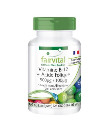Fairvital | Vitamin B12 + Folic Acid - Methylcobalamin Sublingual 500 g + Vitamin B9 100 g - Vegan - 90 Tablets - German Quality