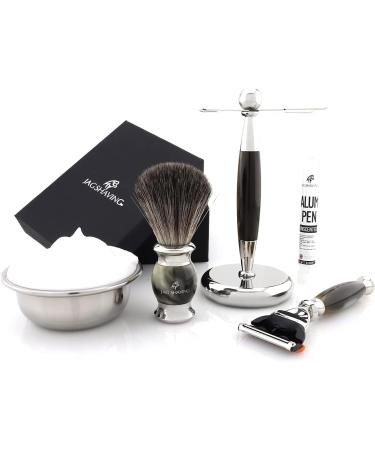 JAG Shaving Razor Set | 3-Part Lee Range | Real Roof Hair Brush | 5-Blade Security Razor & Stand | Premium Green Horn Imitation - Buy Online on GoSupps.com