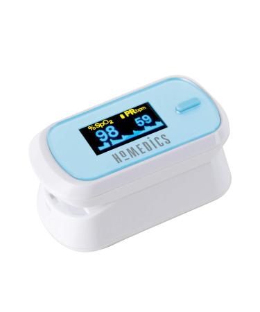 HoMedics Fingertip Pulse Oximeter - Measures Oxygen Saturation Pulse Rate Perfusion Index and Pulse Bar Large Dual Colour Easy to Read OLED Display Portable - Batteries Included