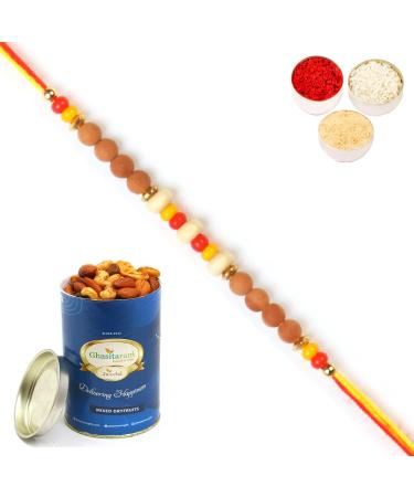 Ghasitaram Gifts Rakhis Online for Brother- 6082 Rakhi Thread with 100 GMS of Dryfruits Mix Can Rakhi with 100 gms of Dryfruits Mix Can