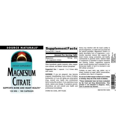 Source Naturals Magnesium Citrate, Supports Bone and Heart Health* 133 mg - 180 Capsules 1 180 Count (Pack of 1) - Buy Online on GoSupps.com