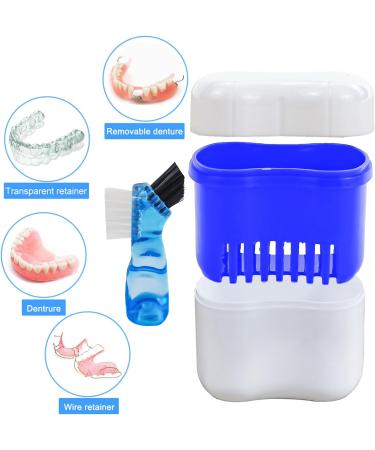 Retainer Bath Box Denture Cleaning Bath Case with Brush Denture Cup Storage Bath Box Case Retainer Cleaning Container Mouthguard Soaking Holder - Dark Blue - Buy Online on GoSupps.com