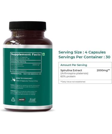 Saptamved Natural Spirulina Capsules 2000mg (120 Capsules) - Plant-Based Superfood Supplement for Men and Women | Rich in Protein Vitamins & Antioxidants | Supports Immune System and Overall Wellness - Buy Online on GoSupps.com