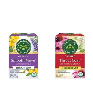 Traditional Medicinals - Organic Smooth Move Laxative Herbal Tea (Pack of 1) - 16 Tea Bags Total & Organic Throat Coat Lemon Echinacea Herbal Tea 16 Bags (Pack of 1) Organic Smooth Move + Echinacea Herbal Tea Smooth Move 16 Count (Pack of 1)