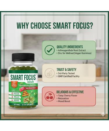 Smart Focus Ashwagandha Supplements for Adults Calm and Focus Gummies Ashwagandha for Women & Men- 60 Gummies - Buy Online on GoSupps.com