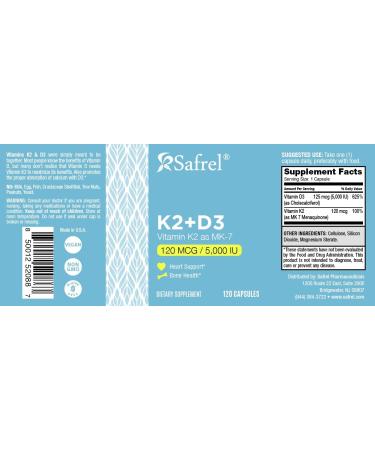 Safrel Vitamin K2 (MK7) 120 MCG and D3 5000 IU Supplement per Capsule Supports Calcium Absorption for Bone Immune and Heart Health Easy to Swallow K2 and D3 Non-GMO 120 Count - Buy Online on GoSupps.com