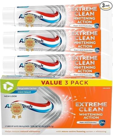 Pack of 3 Extreme A'quafresh Clean Whitening Action Toothpaste Fresh Mint 5.6 oz