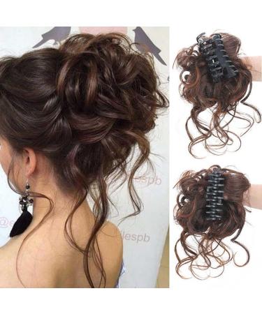 Anbuwei Claw Clip Messy Bun Hair Pieces for Women Tousled Updo Ponytail Synthetic Curly Wavy Bun Hair Extension With Hair Clips (Dark Brown p) Bun Claw Clip Dark Brown