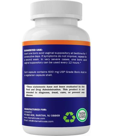 Vitamatic Boric Acid Vaginal Suppositories 600 mg - USP Grade Vegetarian Capsules 60 Count | Effective Relief & International Shipping - Buy Online on GoSupps.com