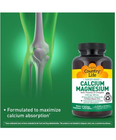 Country Life Target-Mins Calcium Magnesium with Vitamin D-Complex 1000mg/500mg/10mcg 120 Vegan Capsules Certified Gluten Free Certified Vegan Verified Non-GMO Verified Unflavored 120 Count (Pack of 1) - Buy Online on GoSupps.com