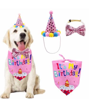 zukent Dog Birthday Bandana and Hat Cotton Triangle Scarf Birthday Party Supplies Headwear Caps for Pet Boy/Girl Pet Puppy Cat Grooming Supplies Celebration Birthday Decoration - Pink