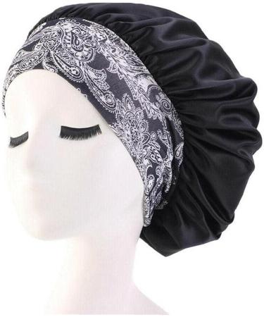 Tossper Women Satin Night Cap - Wide Elastic Hair Cover & Bonnet for Curly Hair - Black - Buy Online on GoSupps.com