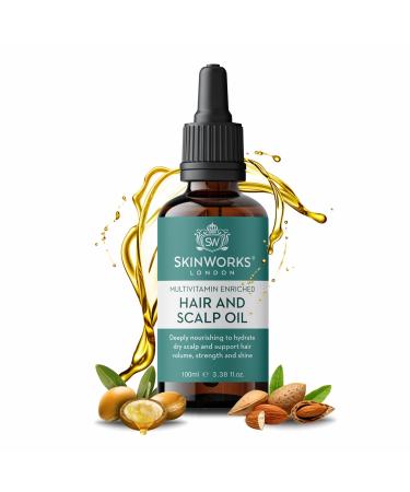 SkinWorks Multivitamin Enriched Hair Oil 100ml treatment to hydrate dry scalp and support hair growth thickness strength and shine. With Argan & Almond oils 100% Natural. Wash out or leave in.