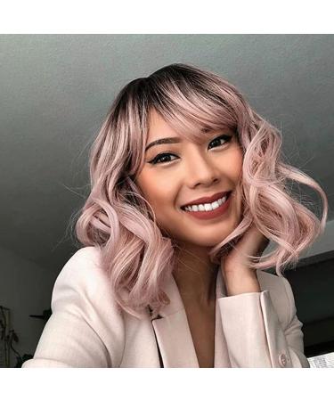 NOBLE Pink Wig with Bangs for White Women Short Ombre Wigs with Bangs for White Women Colorful Synthetic Short Wavy Wigs with Bangs Heat Resistant Synthetic Wigs with Dark Roots (12  Dream Pink) 12 Inch (Pack of 1) Drea...