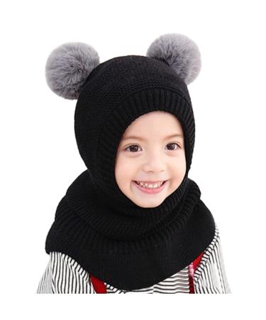 Baby Balaclava Kids Winter Warm Hat Scarf Warm Knitted Hood Hat with Double Pom Pom Design Beanie Caps for Baby Girls Boys Cute Small Bear Winter Hat D-E One Size