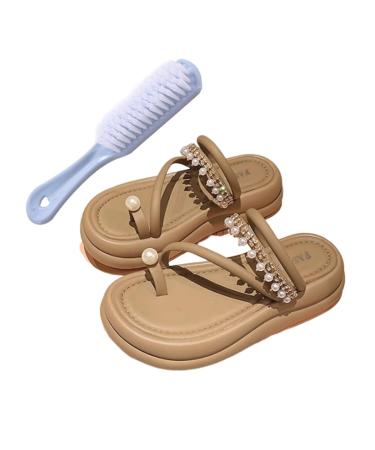 Women's Lightweight Orthotic Sandals Women Summer Round Toe Pearl Slip-On Bunion Corrector Sandals Outdoor Anti Slip Clip Toe Orthopedic Sandals for Toe Separator Hallux Valgus 6 Khaki