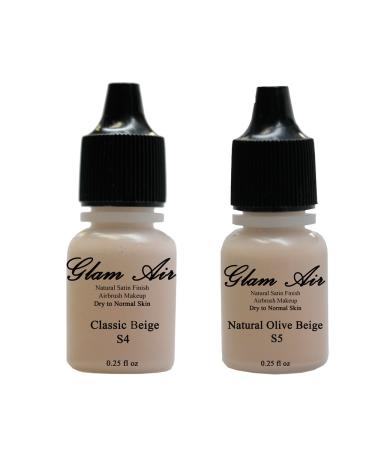Two(2) Glam Air Airbrush Foundation Makeup S4 Classic Beige & S5 Natural Olive Beige in Satin Finish 0.25oz Bottles(Normal to Dry Skin)