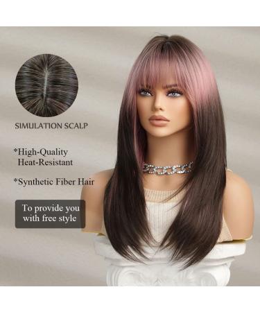 Shop Oefei Pink Brown Ombre Wig | Long Straight Layered Synthetic Heat-Resistant Wigs for Women - Perfect for Daily Wear & Cosplay - Buy Online on GoSupps.com