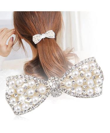 EMZHOLE Elegant Rhinestone Pearl Bow Hair Barrette - White | Crystal Headdress Hairpin and Accessories - Buy Online on GoSupps.com