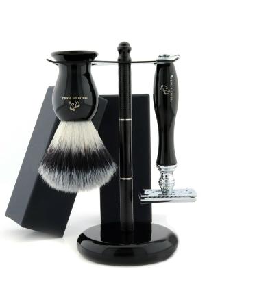 Shaving Kit - 3 Pcs Shaving Brush Set - Shaving Set - Synthetic Shaving Brush - Double Edge Safety Razor - Shaving Stand - Mens Shaving Set - and women - black