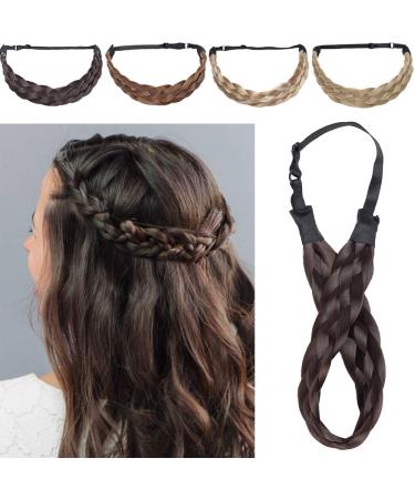 Silk-co women hair band 5 strands dark brown artificial hair braided headband elastic hair band for women and girls wedding vintage with hair tie hair part braids extensions 3.8cm wide dark brown