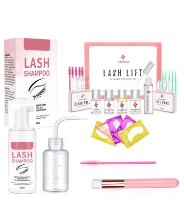 Lash Lift Kit + Lash Shampoo for Eyelash Extension, Missicee Professional Lash Curling, Semi-Permanent Curling Perming Wave Lash Lifting Tools with Eyelash Extension Cleanser Kit for Home Use