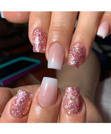 Magrace Press on Nails Short Square Fake Nails Medium French Tips Pink False Nails Glossy with Glitter 24 Pcs Cute Stick on Nails for Women (A-01)