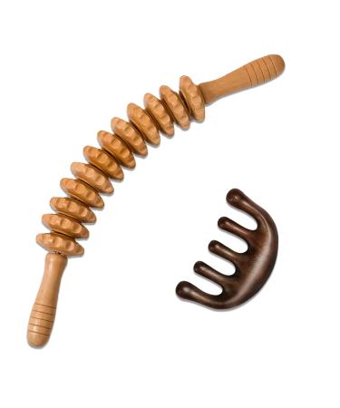 Wooden Massage Roller Back Massagers Wood with Handle Natural Wood Curved Hand for Neck Legs Back Body (Style 2)