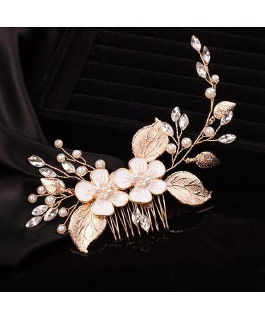 Teyglen Crystal Flower Leaf Bride Wedding Hair Comb Gold Leaves Rhinestone Headband Hair Pieces Bridal Side Hair Comb Hair Accessories for Women Girls Bridesmaid