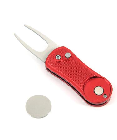 Vulcan Gear Metal Switchblade Divot Tool with Pop-up Button & Magnetic Ball Marker - Lightweight Portable and Fold-able Red