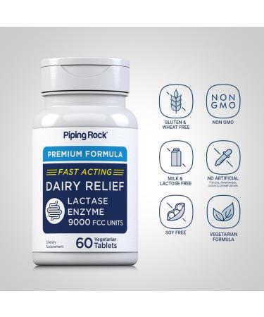 Piping Rock Dairy Relief Pills 9000 FCC | Fast Acting Tablets | 60 Count | Lactase Enzyme Supplement | Premium Formula | Vegetarian Non-GMO Gluten Free - Buy Online on GoSupps.com
