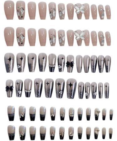 Long Press on Nails French Tip Fake Nails with 3D Butterfly Rhinestones Designs Glossy Full Cover Acrylic Nails for Women 1 Press On Nails - Buy Online on GoSupps.com