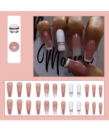 Justotry 24 Pcs Marble Fake Nails - Long Milky White French Press on Nails | Medium Ballerina Stick on Nails for Women | Acrylic Coffin False Nails with Glue - Nail Art - Buy Online on GoSupps.com