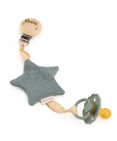 AngelicArt pacifier holder made of muslin star made of muslin fabric/cotton with attachment for pacifiers with engraving (dark mint star)